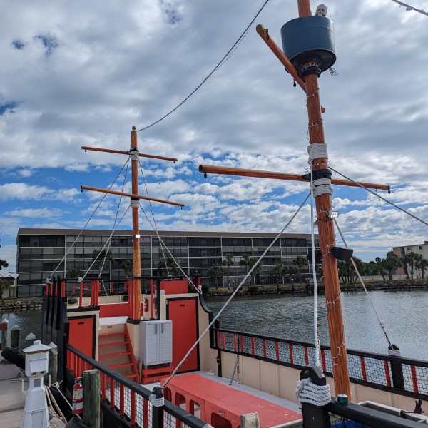 a large ship in the background